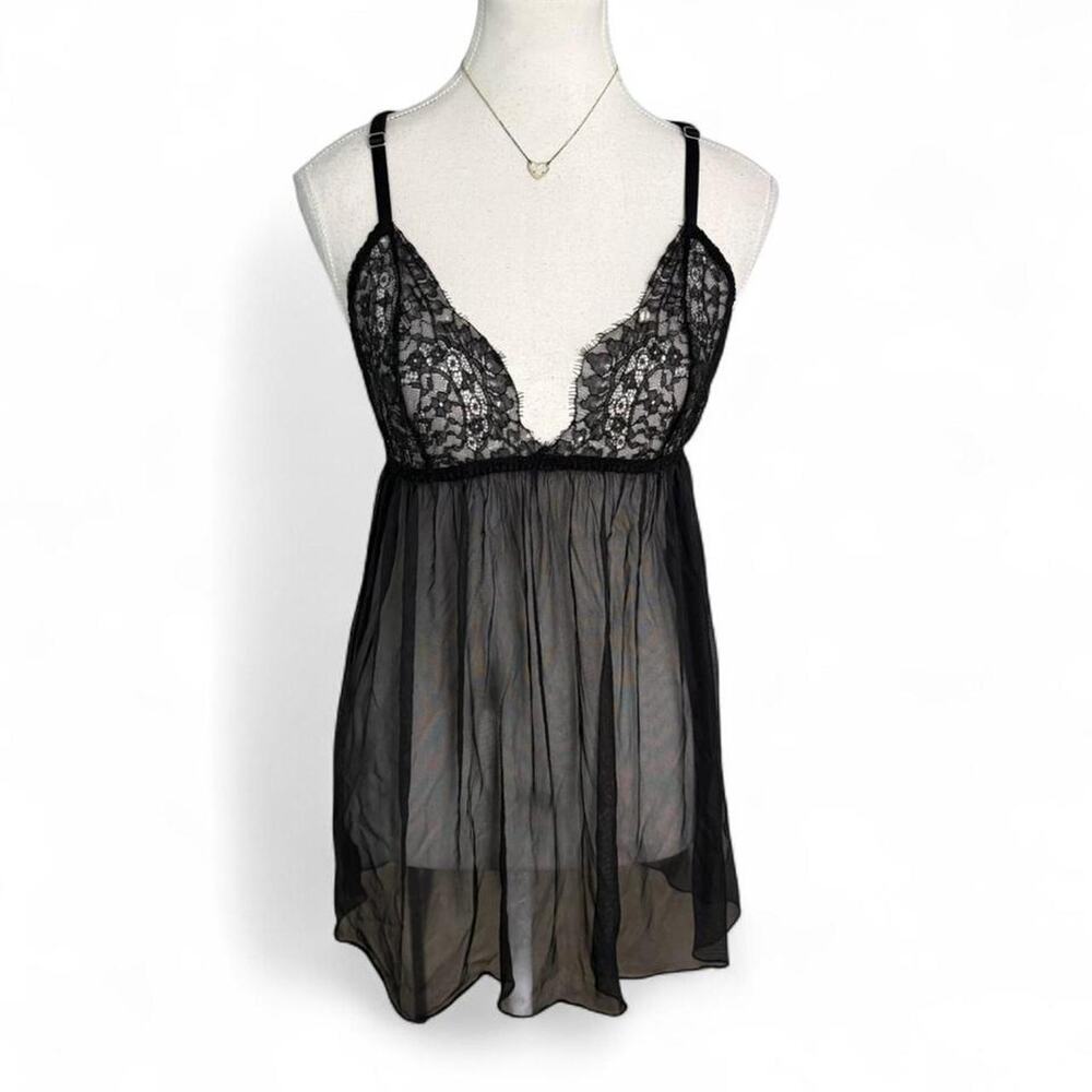 Victorias Secret Black Lace Slip Baby doll tank lingerie - mini dress size Large